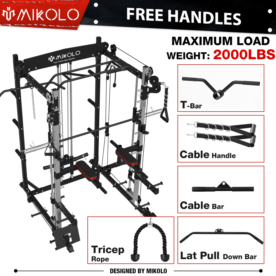 Mikolo Smith Machine Home Gym, Multi-Functional Squat Rack with Cable  Crossover System, Workout station with Weight Bar, Dip Bars,Bend Peg and  Other Functional Attachments 