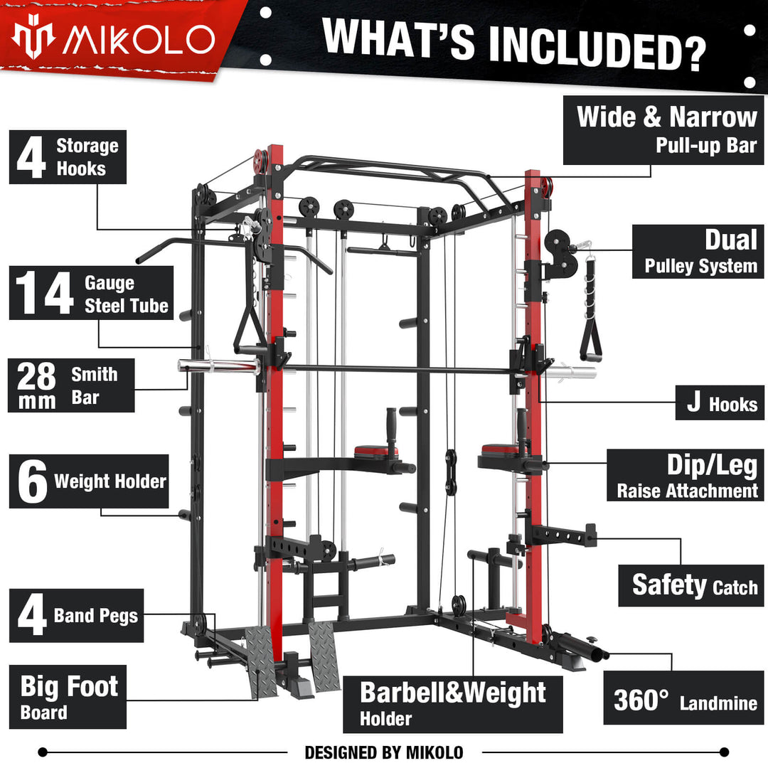 Mikolo Power Rack Cage, Monster Series 3 x 3 Commercial Squat Rack with  2000LB Capacity, and More Attachments for Home Gym(Red) 