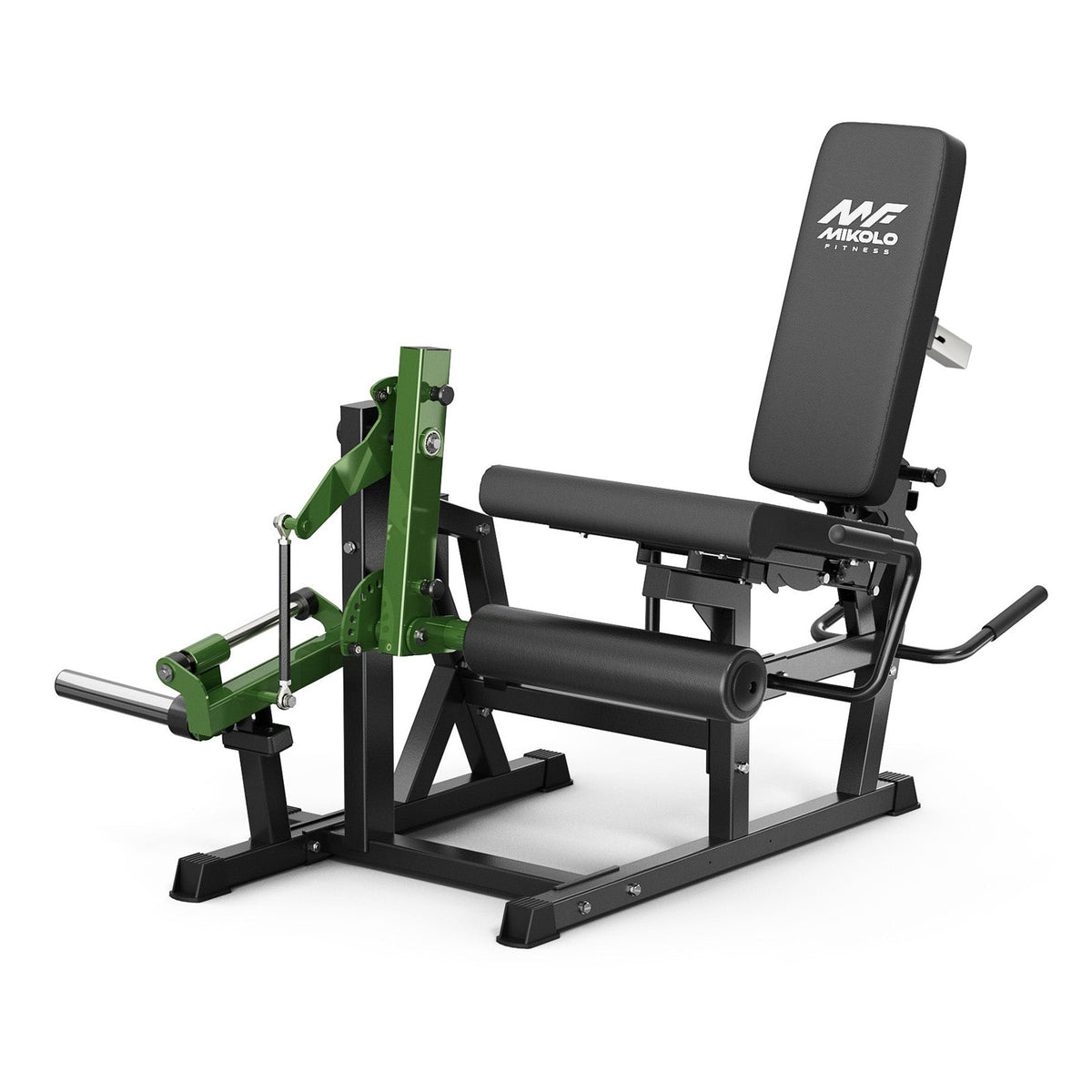 Black and green Mikolo leg extension and curl machine with padded backrest, leg rollers, and weight horns