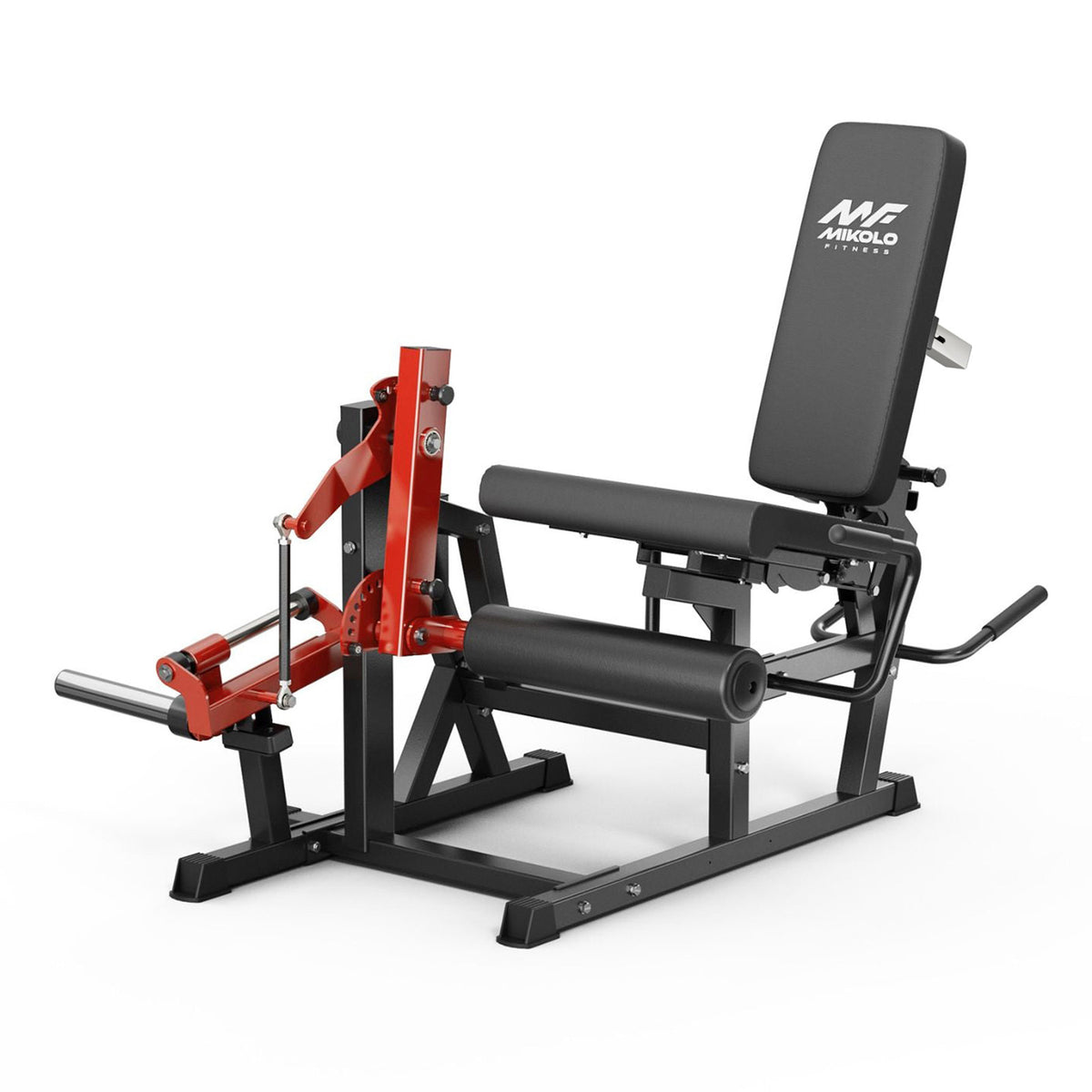 Red and black leg extension and curl machine with a padded backrest, cylindrical leg pads, and a plate-loaded lever arm