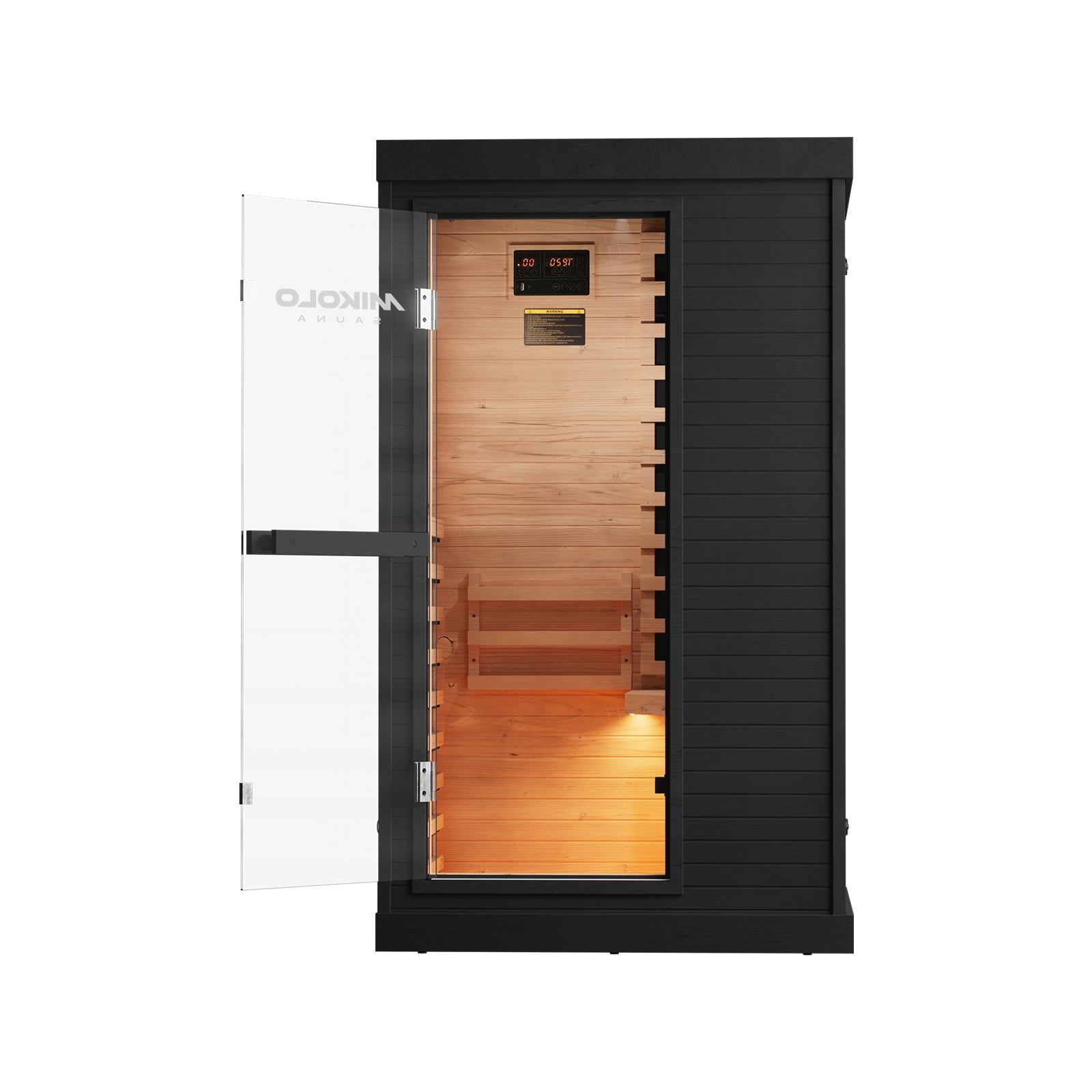 Black one-person infrared sauna with open glass door revealing light wood interior, bench, control panel, and warm lighting